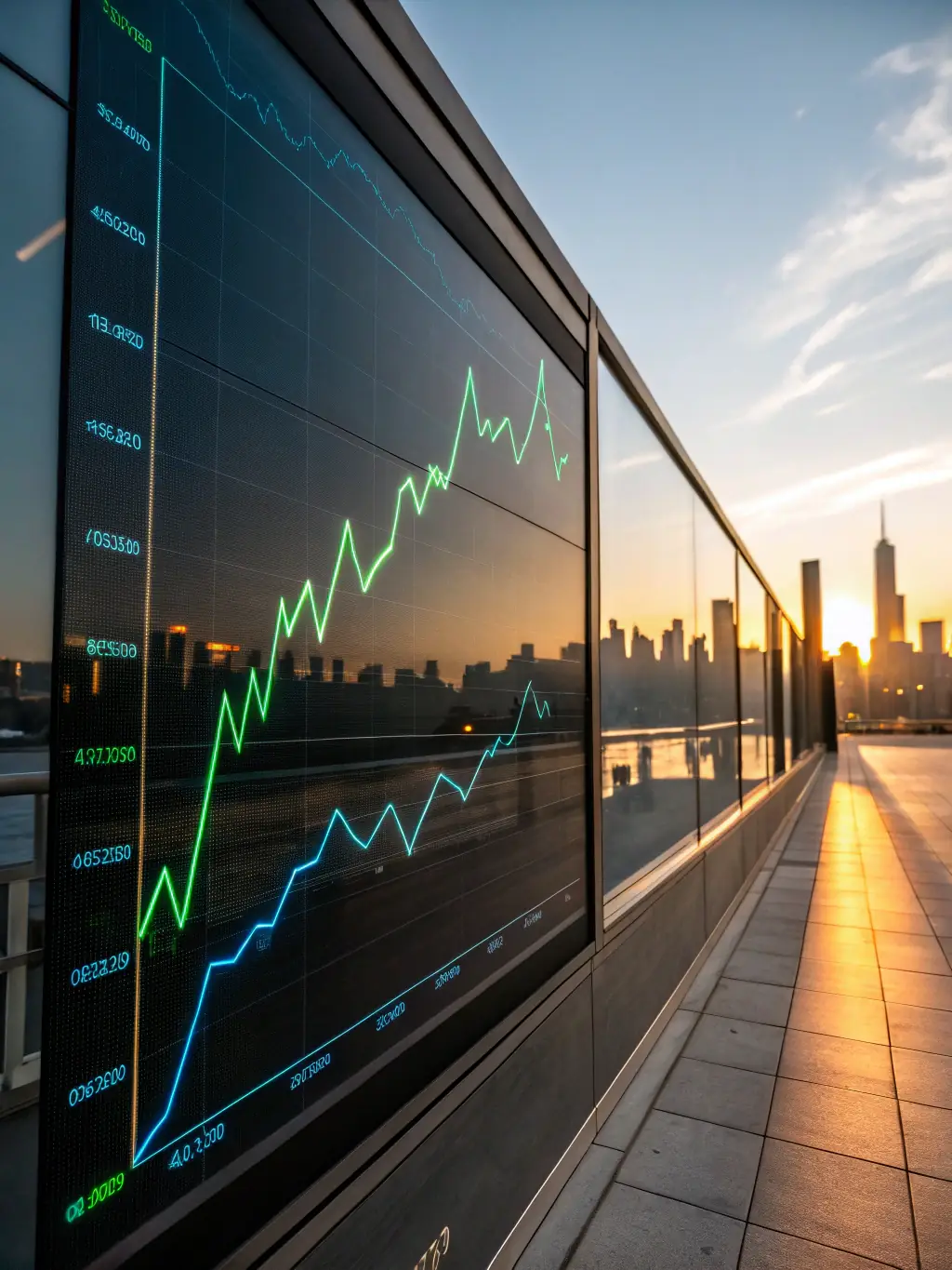 An upward-trending graph overlaid on an image of the Johannesburg Stock Exchange, representing growth and investment opportunities.