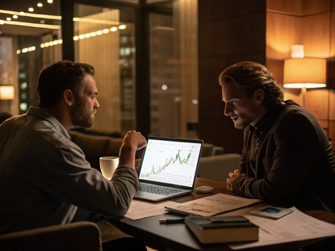 An image of a financial advisor analyzing market graphs on a digital tablet with a South African city skyline in the background, representing investment strategies.