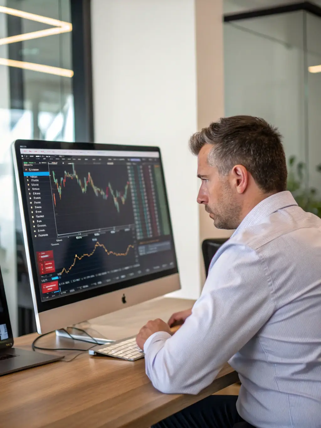 A professional South African financial advisor analyzing market trends on a computer screen, with charts and graphs visible in the background, in a modern office setting.